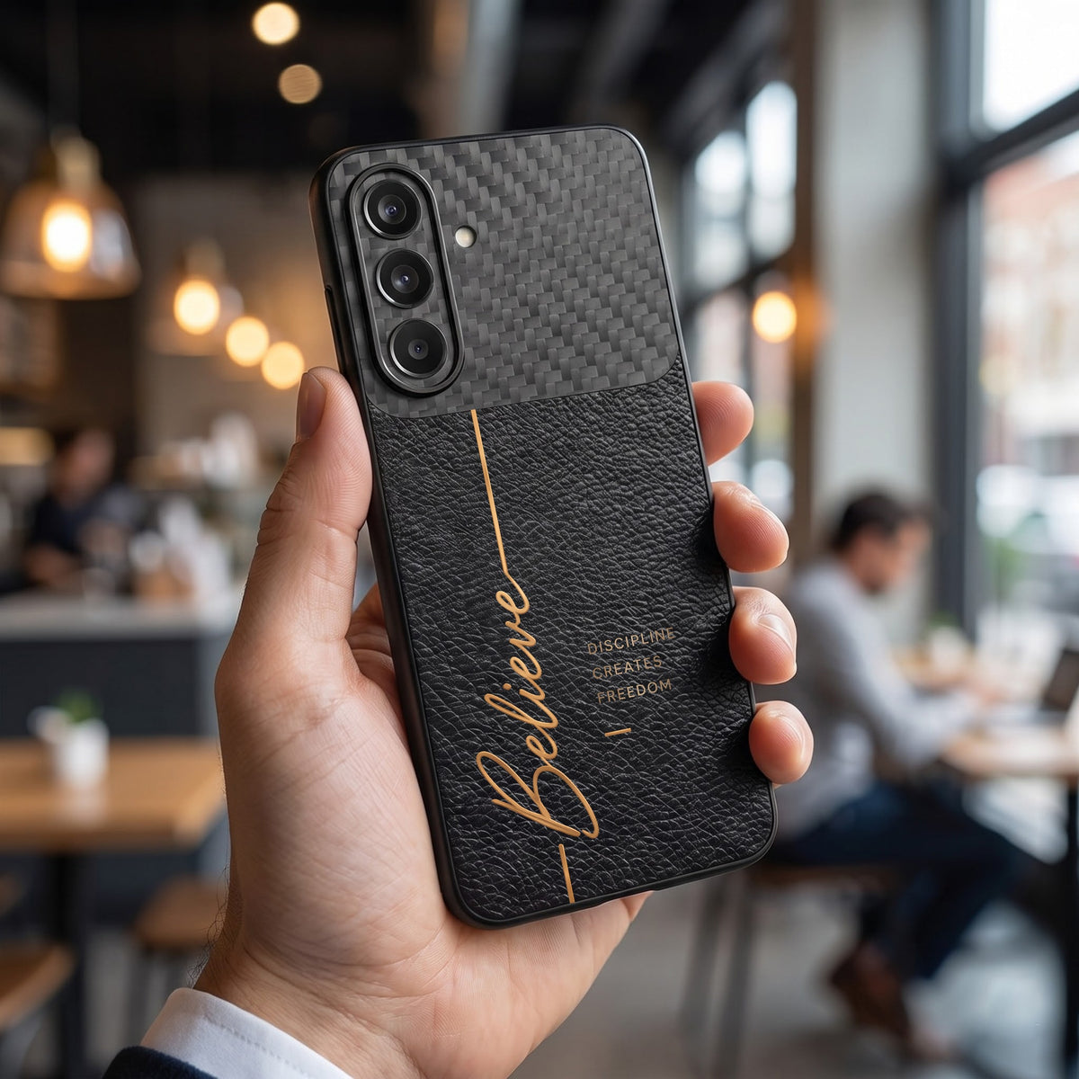 Samsung Galaxy A57 5G Belive Quote Carbon Fiber Leather Hybrid Back Case