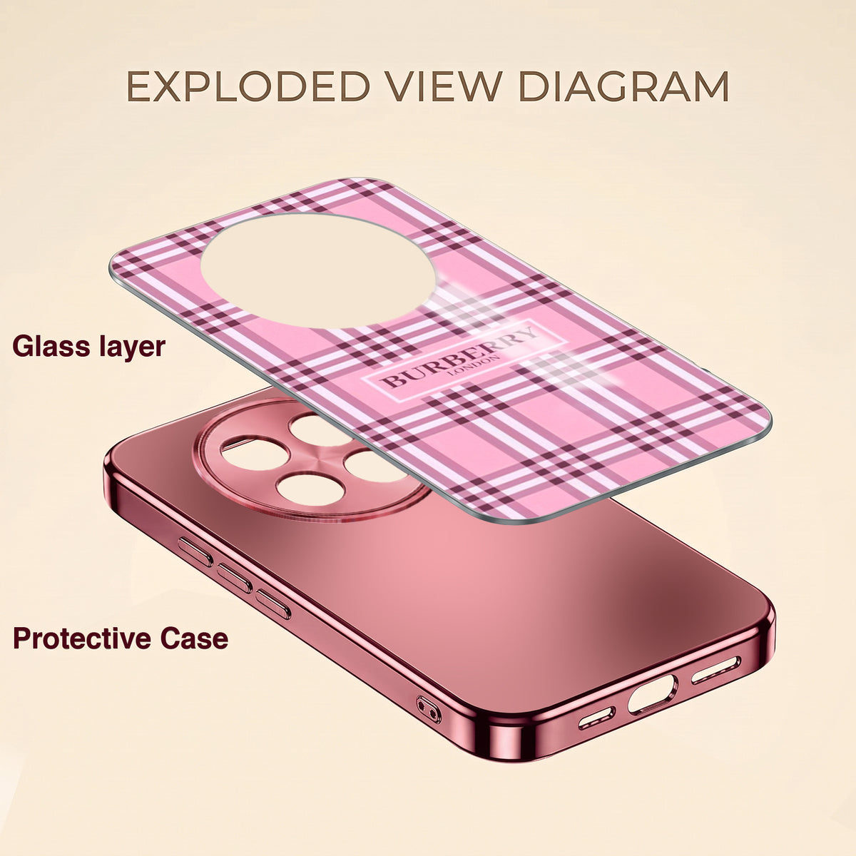 Oppo F31 Pro+ 5G Burberry Classic Pink Electroplated Glass Phone Back Case
