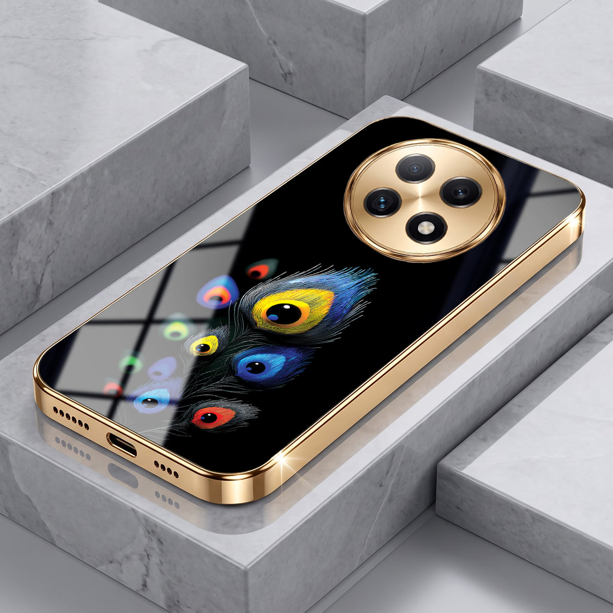 Oppo F29 Pro 5G Multi-Feather Peacock Gold Electroplated Glass Phone Back Case