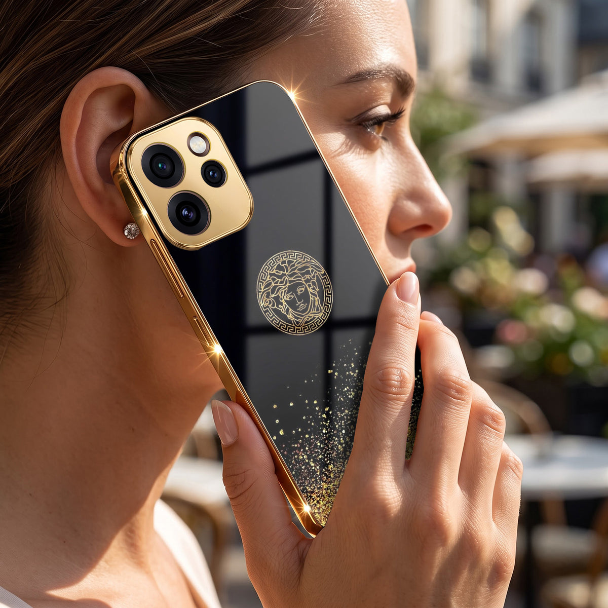 Oppo Reno 15 Pro Mini 5G Medusa Head Gold Electroplated Glass Phone Back Case