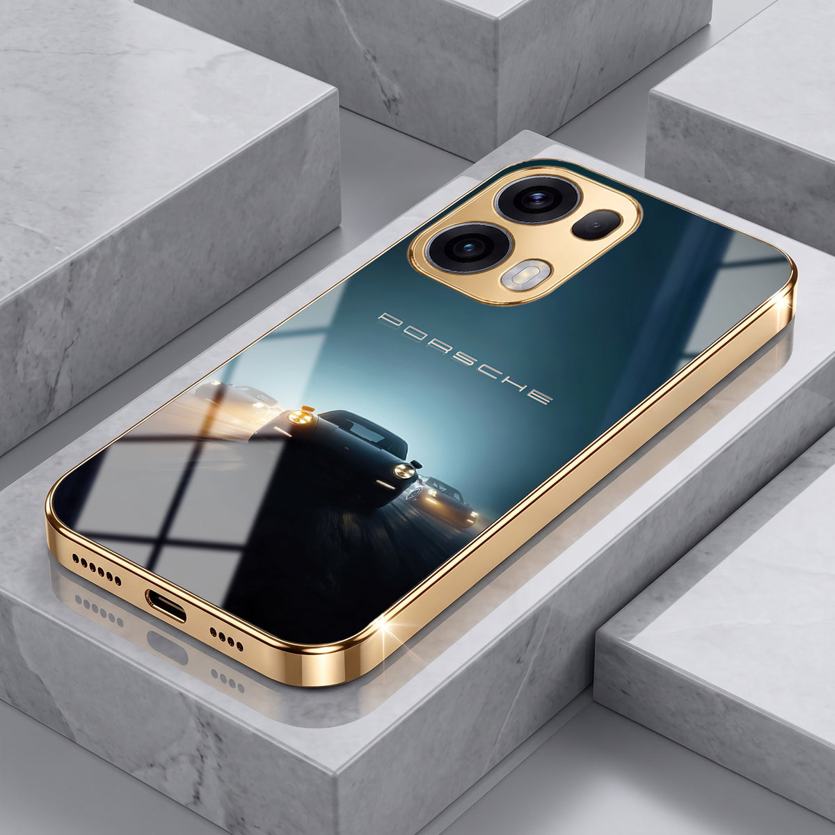 Oppo Reno 13 Pro 5G Porsche Luxury Gold Electroplated Glass Phone Back Case