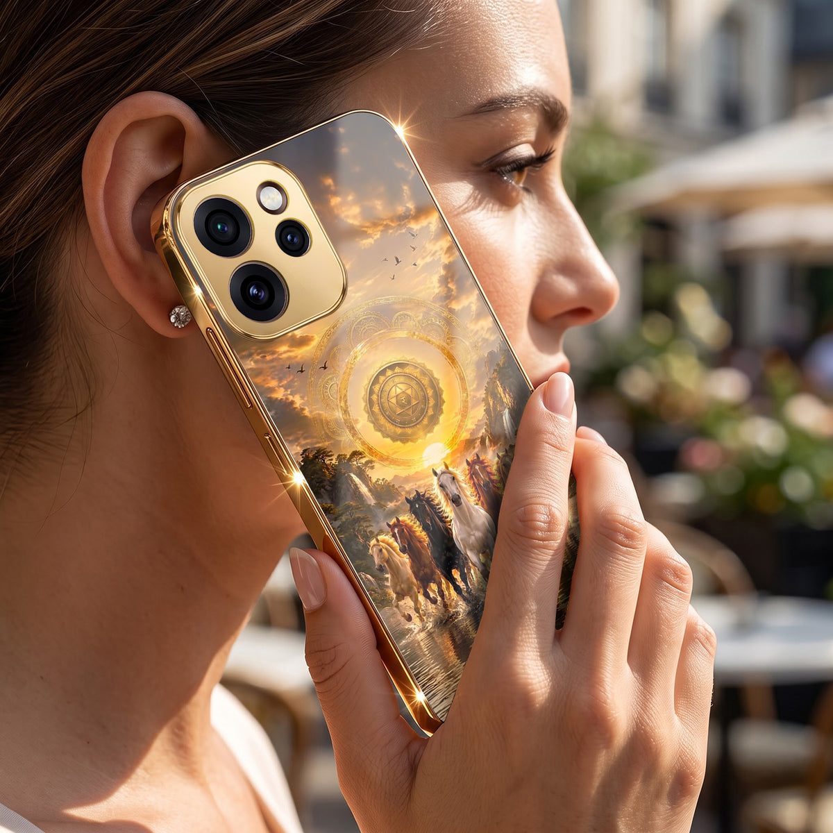 Oppo Reno 15 Pro Mini 5G Celestial Seven Horses Gold Electroplated Glass Phone Back Case