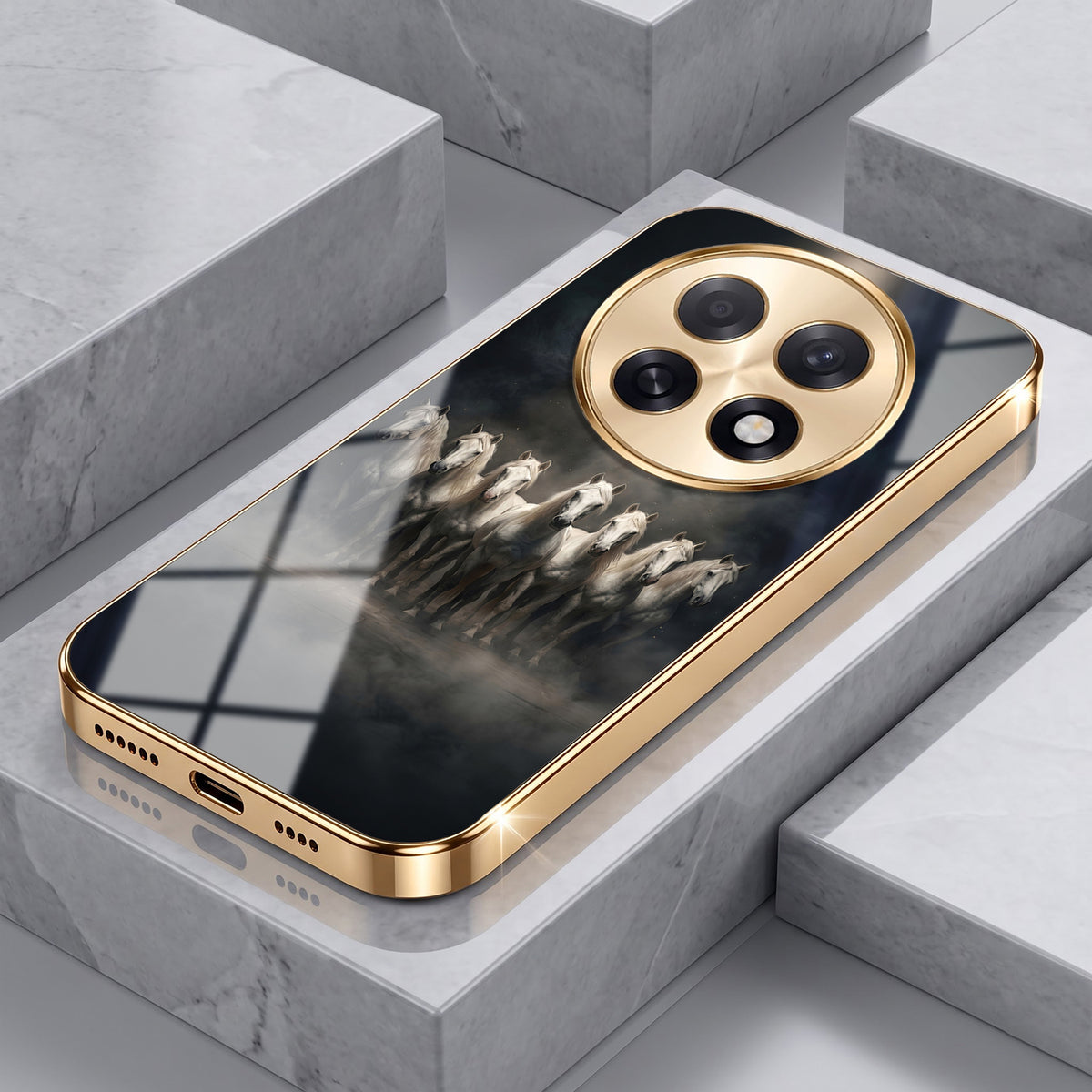 Oppo F31 Pro+ 5G Running Horses Gold Electroplated Glass Phone Back Case