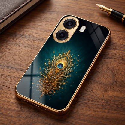 Oppo K14x 5G Golden Peacock Feather Gold Electroplated Glass Phone Back Case