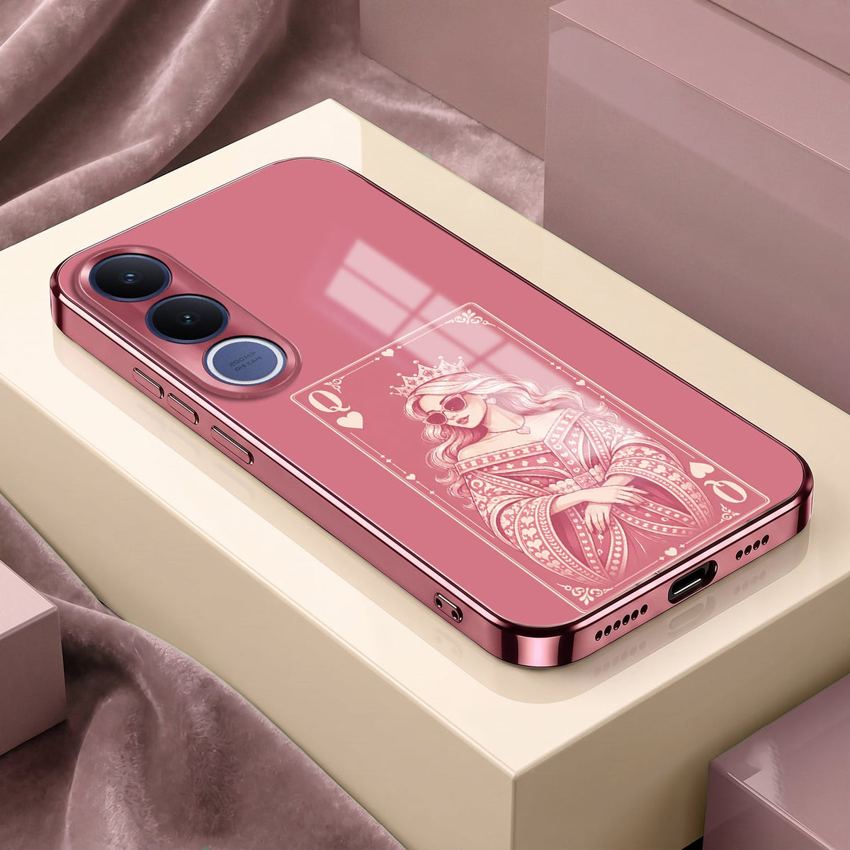 Vivo V70 FE 5G Luxury Royal Queen Pink Electroplated Glass Phone Back Case