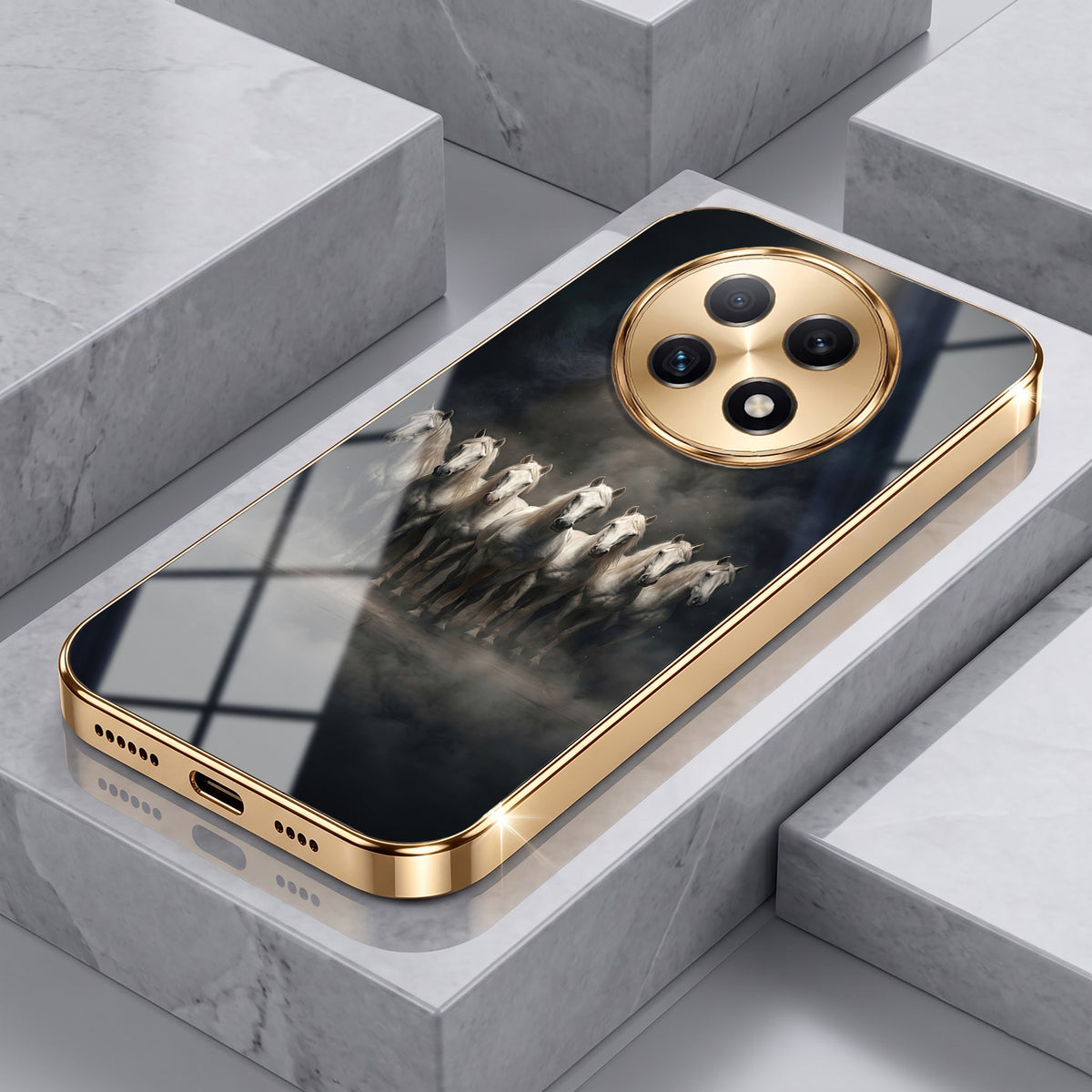 Oppo F29 Pro 5G Running Horses Gold Electroplated Glass Phone Back Case
