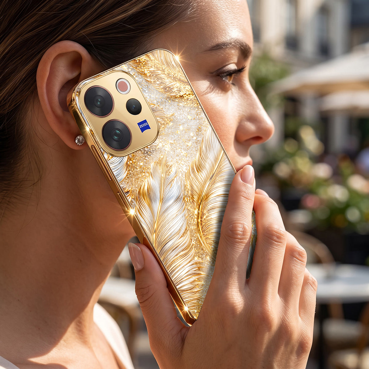 Vivo V70 5G Golden Feather Marble Gold Electroplated Glass Phone Back Case