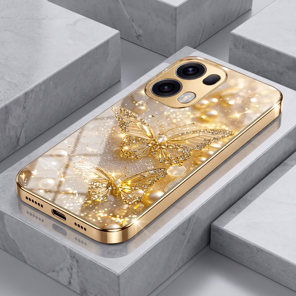 Oppo Reno 13 Pro 5G Golden Butterfly Gold Electroplated Glass Phone Back Case