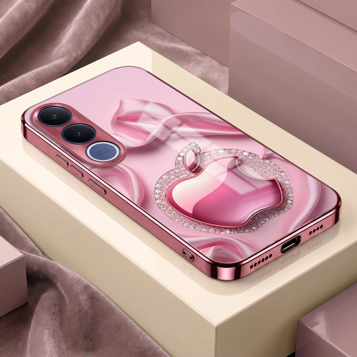 Vivo V70 FE 5G Luxury Apple Logo Pink Electroplated Glass Phone Back Case
