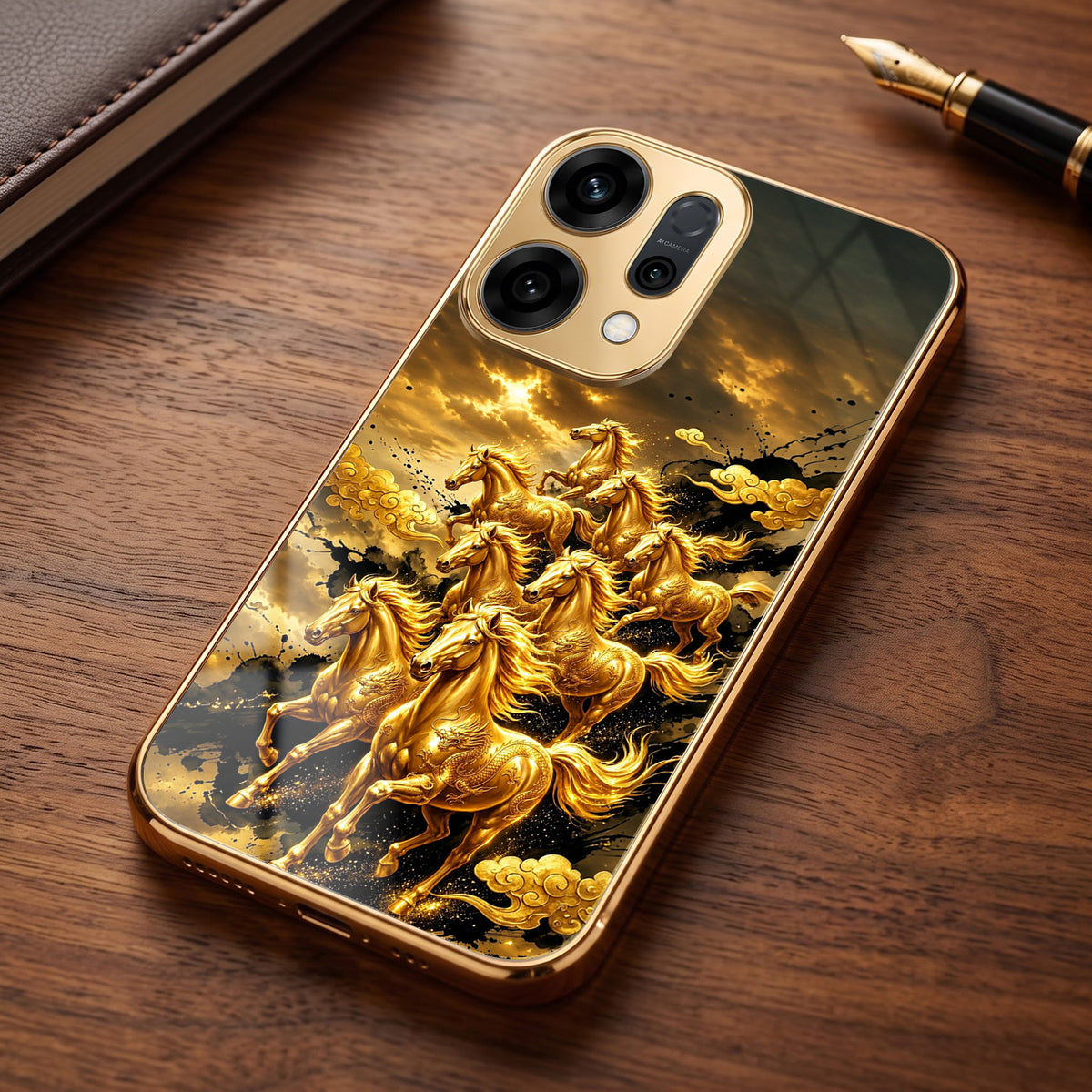 Oppo Reno 14 5G Celestial Seven Horses Gold Electroplated Glass Phone Back Case