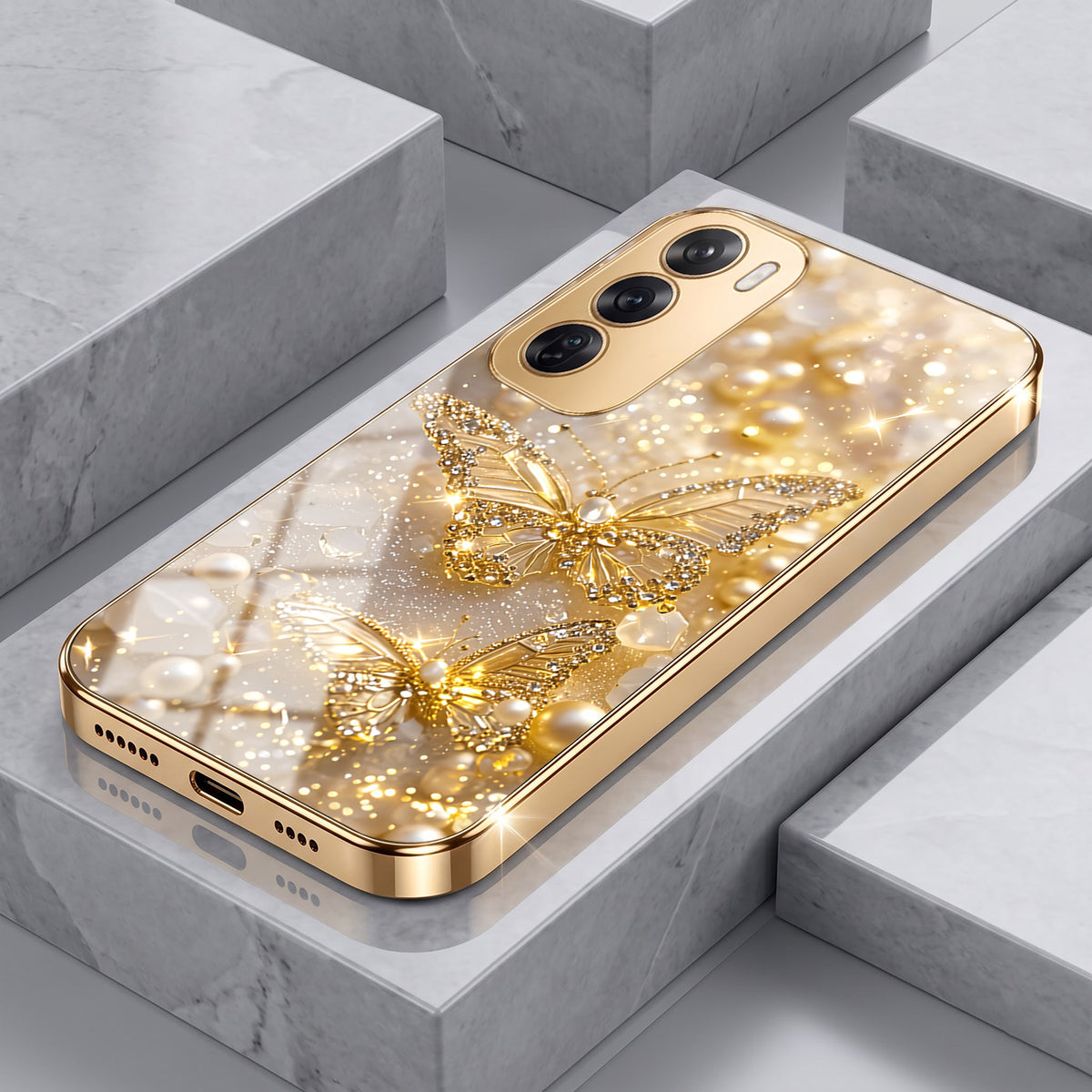 Oppo Reno 12 Pro 5G Golden Butterfly Gold Electroplated Glass Phone Back Case