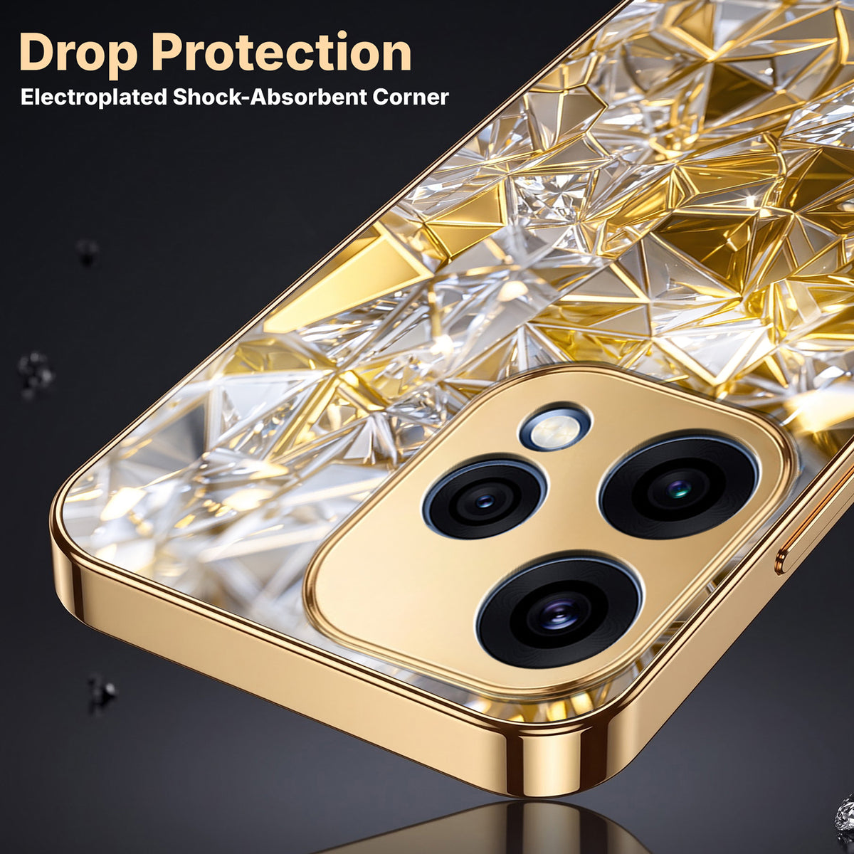 Oppo Reno 15 5G White Diamond Shatter Gold Electroplated Glass Phone Back Case