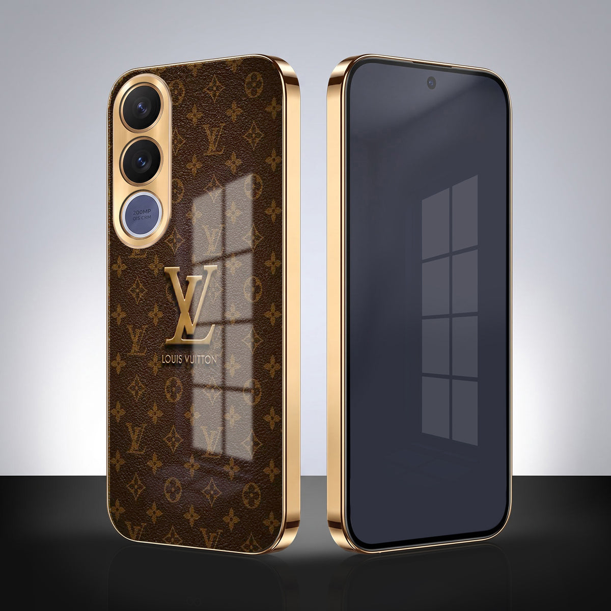 Vivo V70 FE 5G LV Brown Monogram Gold Electroplated Glass Phone Back Case
