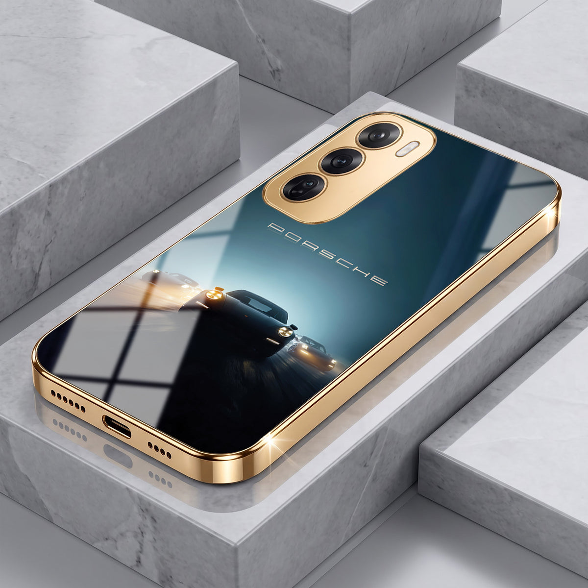 Oppo Reno 12 Pro 5G Porsche Luxury Gold Electroplated Glass Phone Back Case