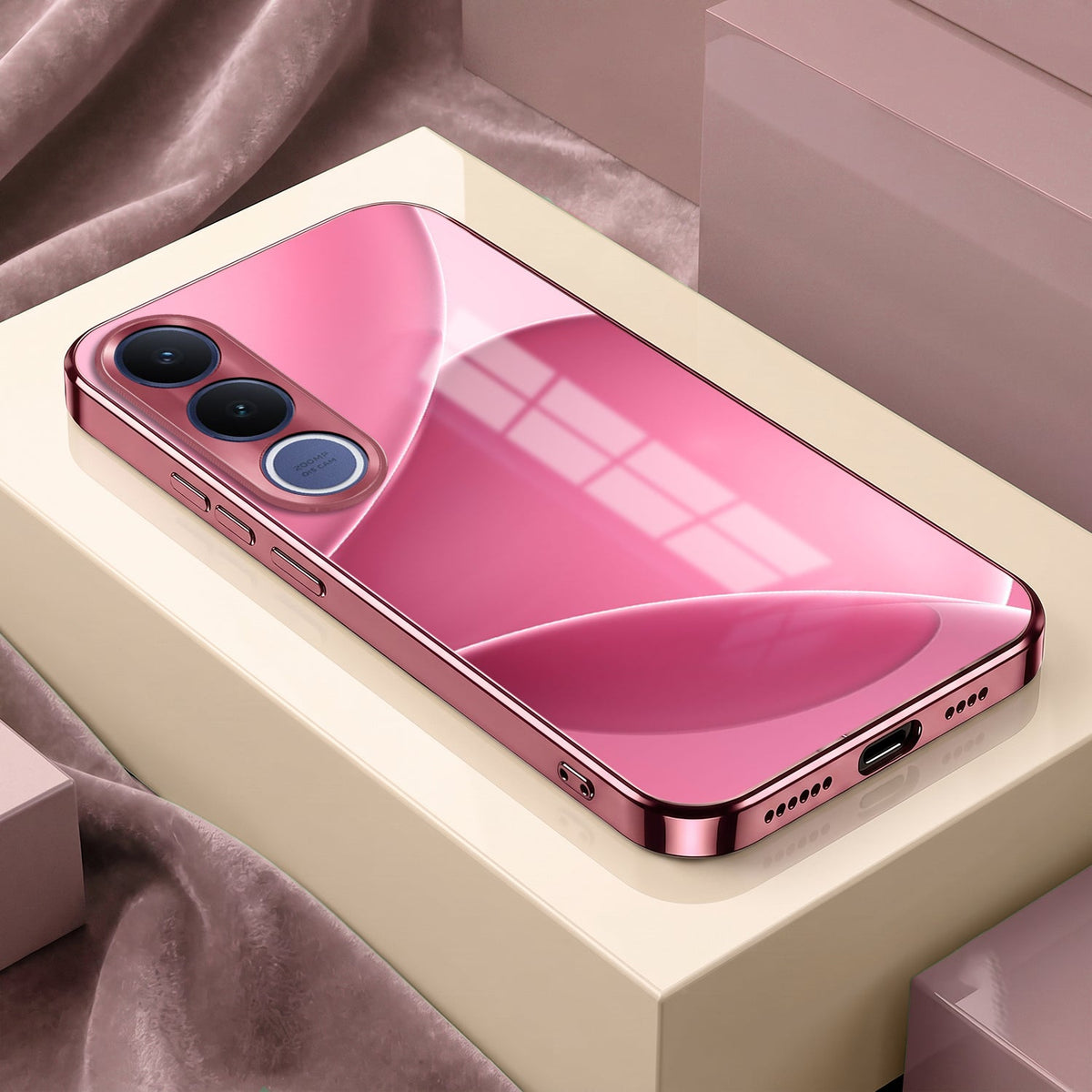 Vivo V70 FE 5G Luxury Glossy Wave Pink Electroplated Glass Phone Back Case