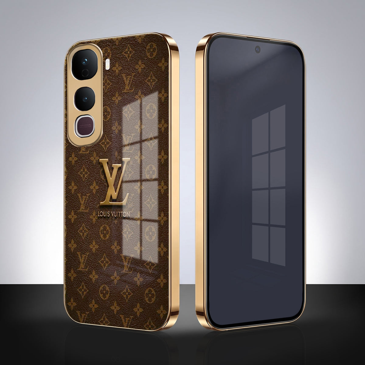 Vivo Y400 Pro 5G LV Brown Monogram Gold Electroplated Glass Phone Back Case