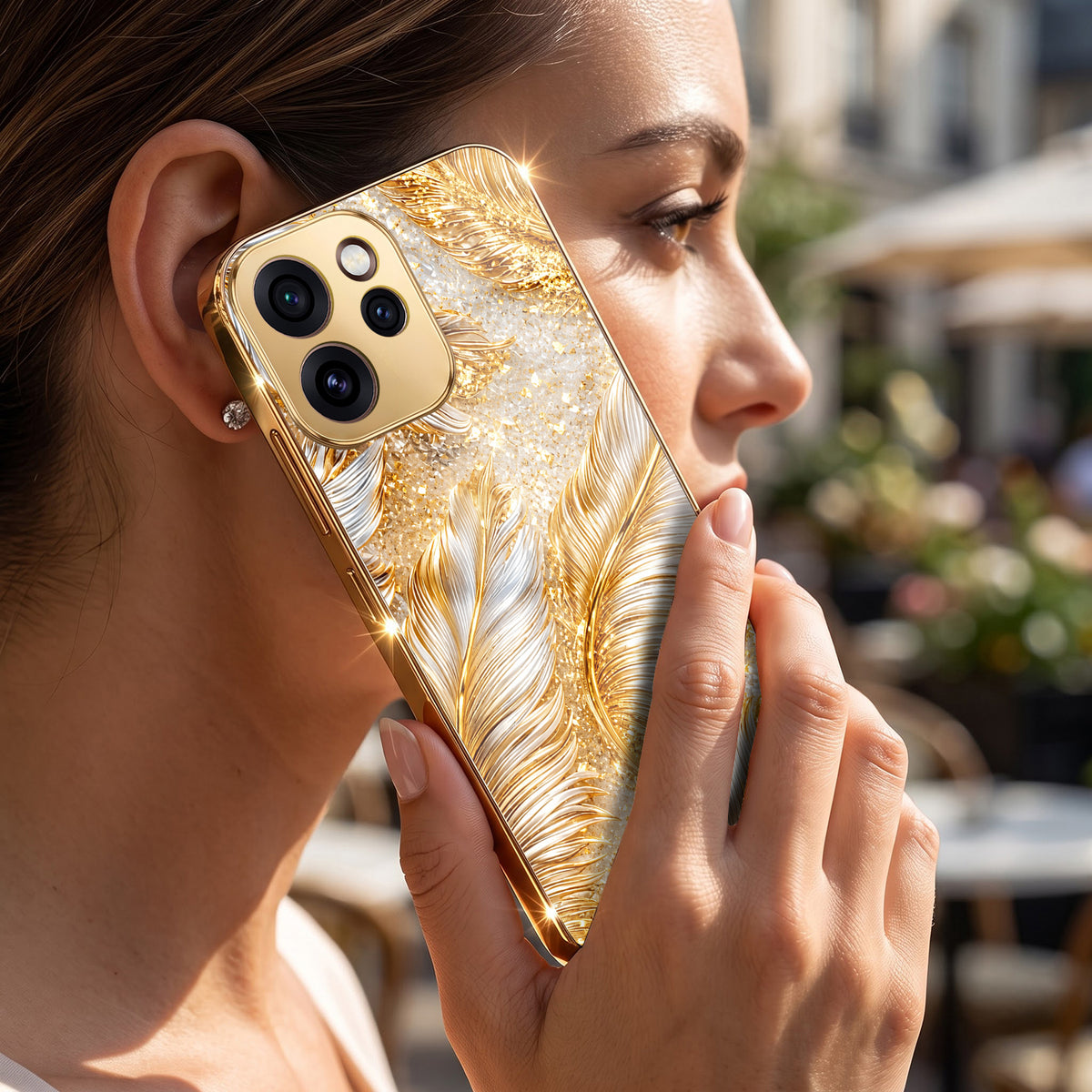 Oppo Reno 15 Pro Mini 5G Golden Feather Marble Gold Electroplated Glass Phone Back Case