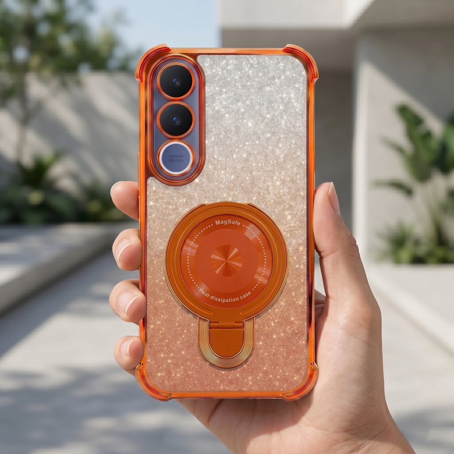 Vivo V70 FE 5G Invincible Bracket Ring Stand Shimmer Airbag Cosmic Orange Case