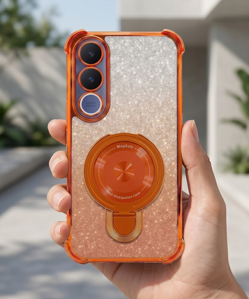 Vivo V70 FE 5G Invincible Bracket Ring Stand Shimmer Airbag Cosmic Orange Case