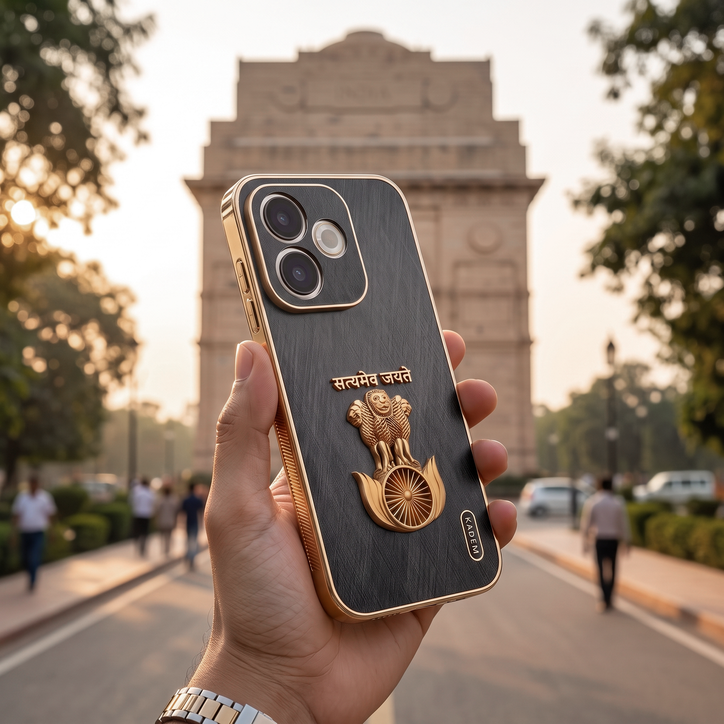 Oppo A5 Pro 5G Satyamev Jayate 3D Electroplated Frame Gold Thread Pattern Hard Back Case