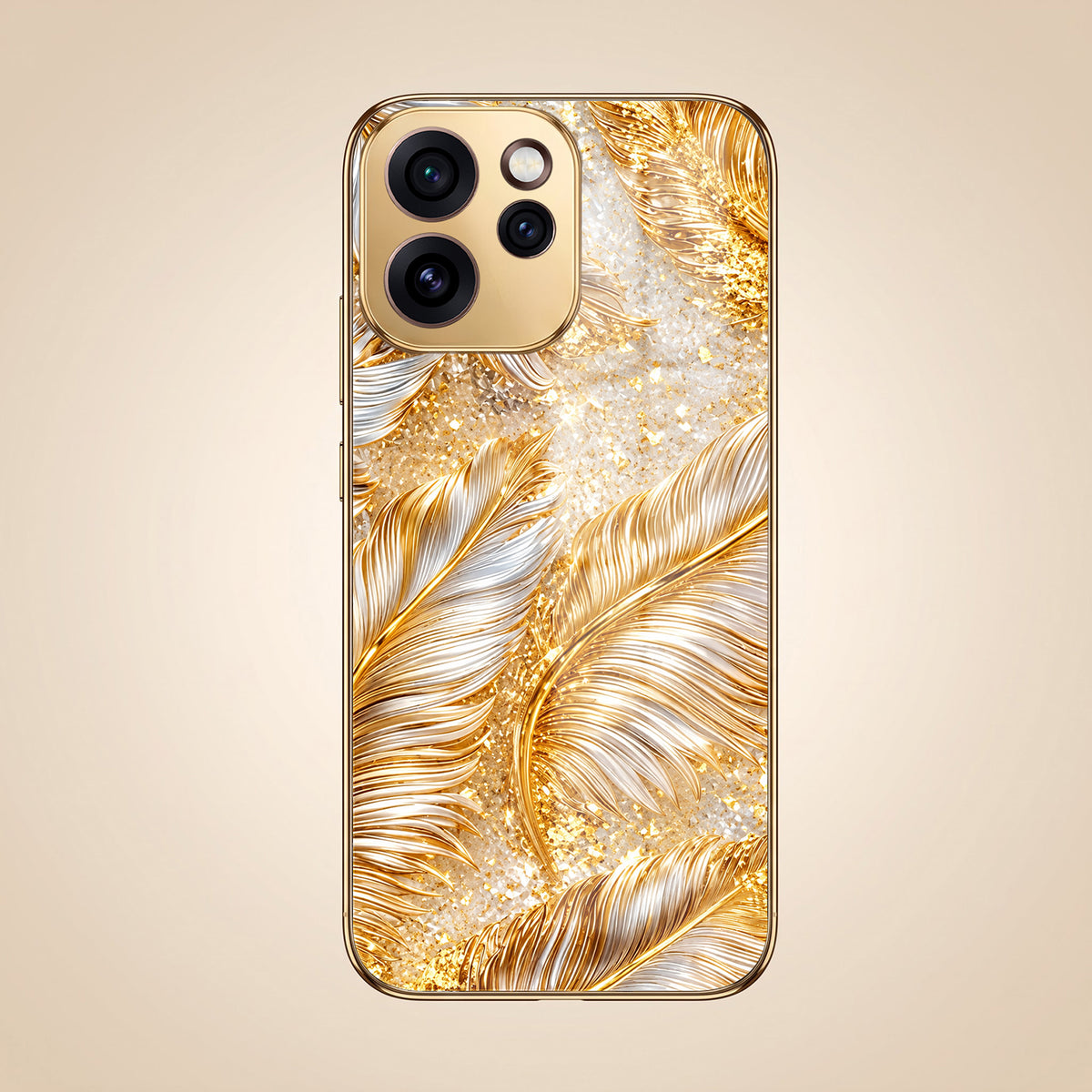 Oppo Reno 15 Pro Mini 5G Golden Feather Marble Gold Electroplated Glass Phone Back Case