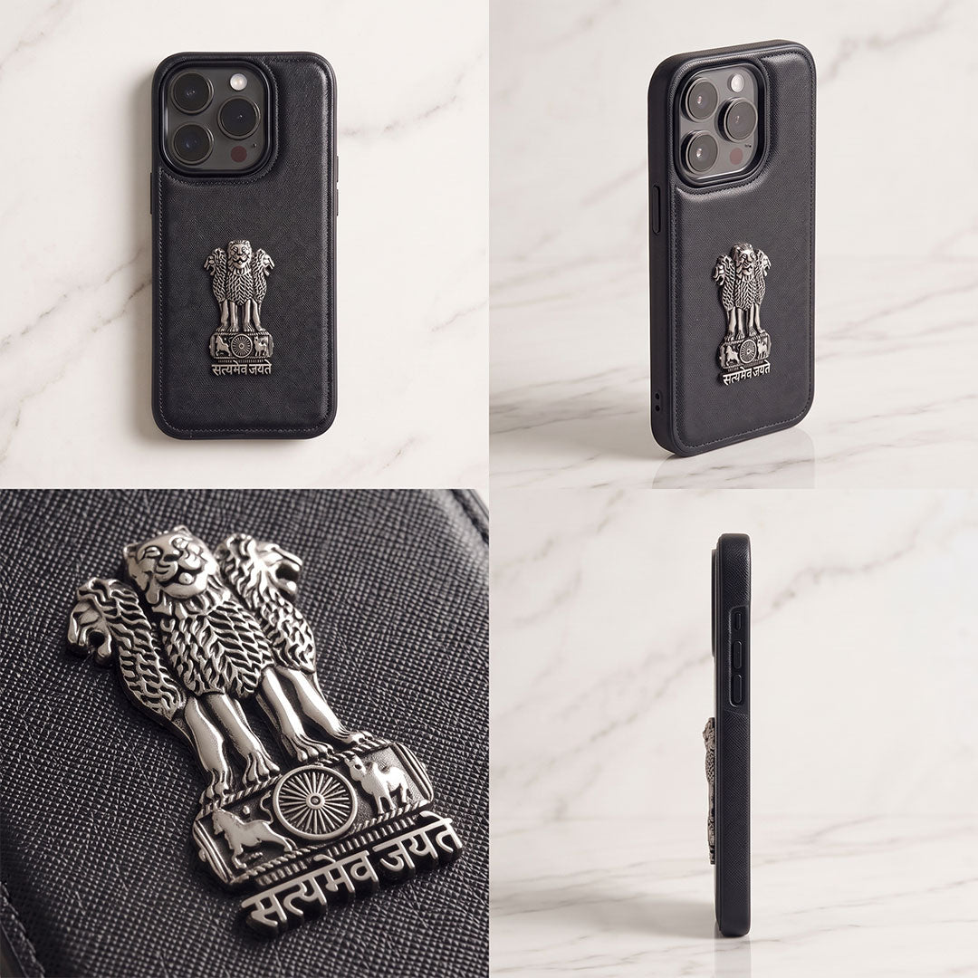 iPhone 14 Series 5G Skin Feel Leather Metal Satyamev Jayate Emblem Case