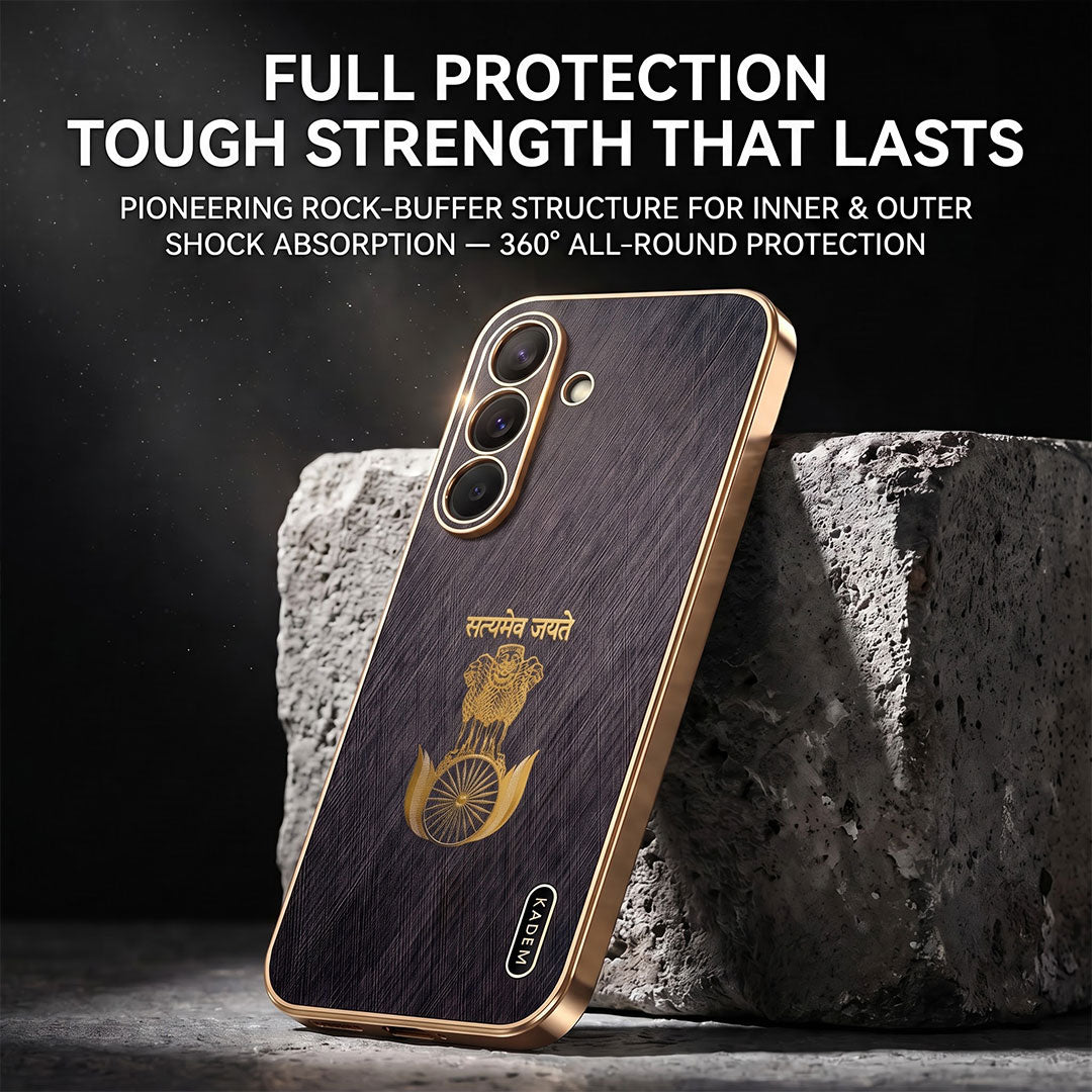 Samsung Galaxy A57 5G Satyamev Jayate 3D Electroplated Frame Gold Thread Pattern Hard Back Case