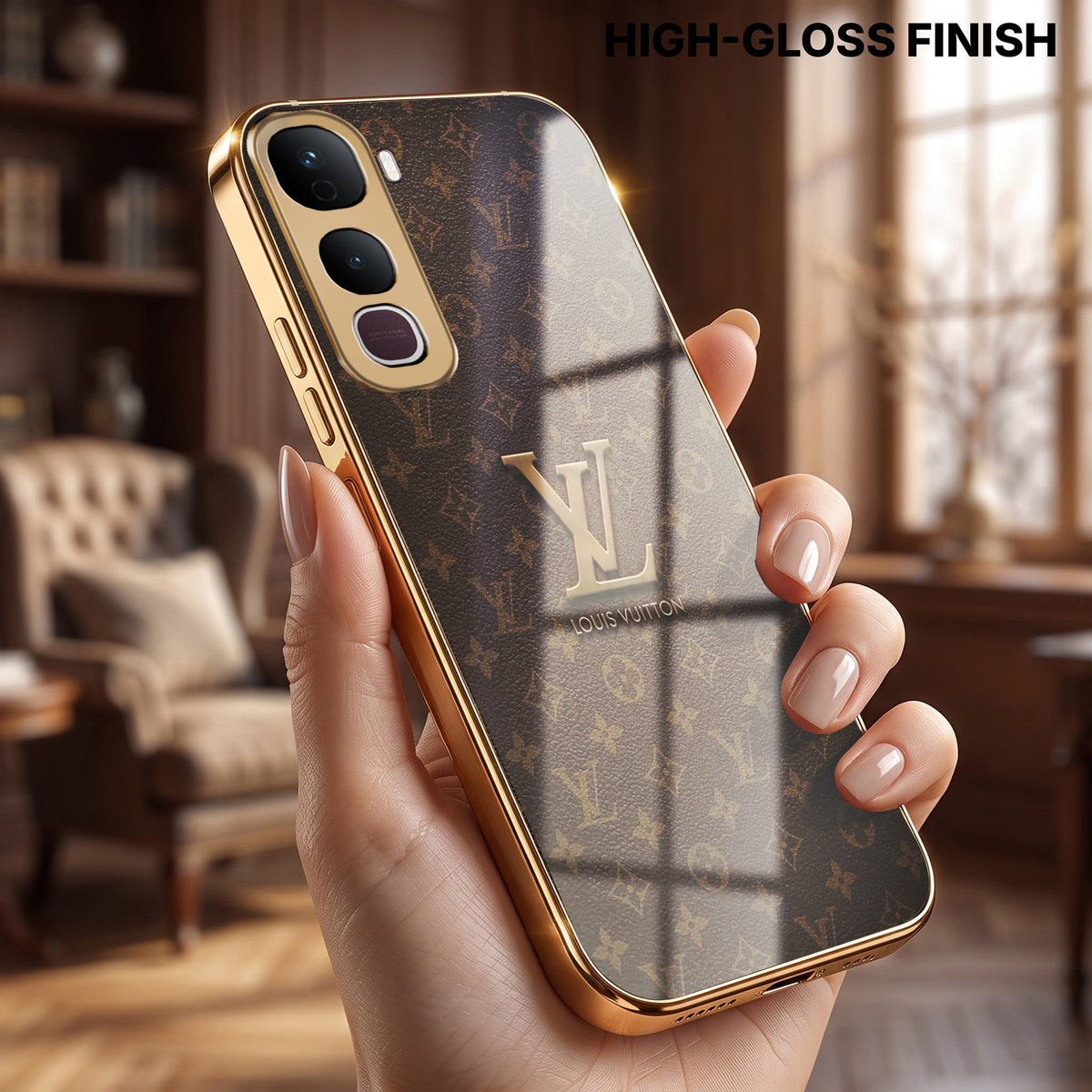 Vivo Y400 Pro 5G LV Brown Monogram Gold Electroplated Glass Phone Back Case