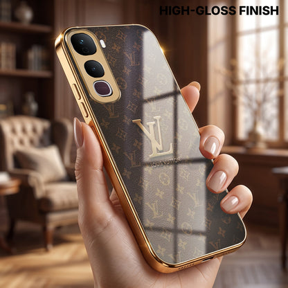 Vivo Y400 Pro 5G LV Brown Monogram Gold Electroplated Glass Phone Back Case