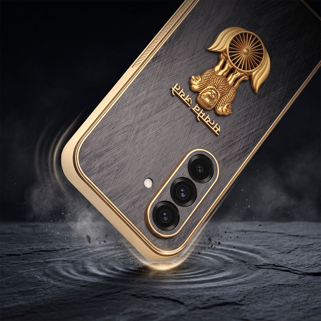 Samsung Galaxy A36 5G Satyamev Jayate 3D Electroplated Frame Gold Thread Pattern Hard Back Case