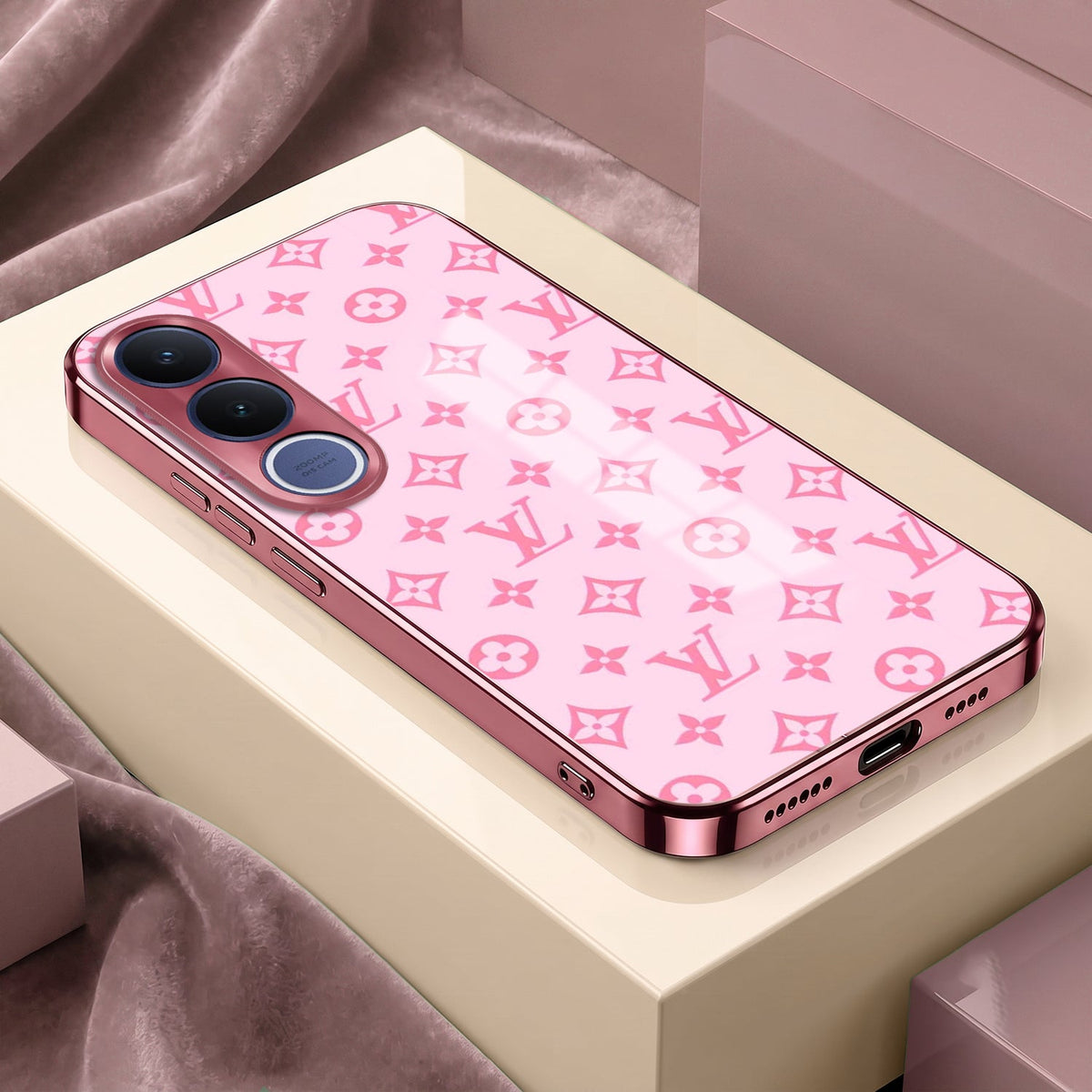 Vivo V70 FE 5G Luxury Monogram Pink Electroplated Glass Phone Back Case