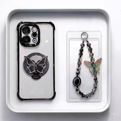 Vivo V70 5G Transparent Airbag Butterfly Stand Case with Charm Strap