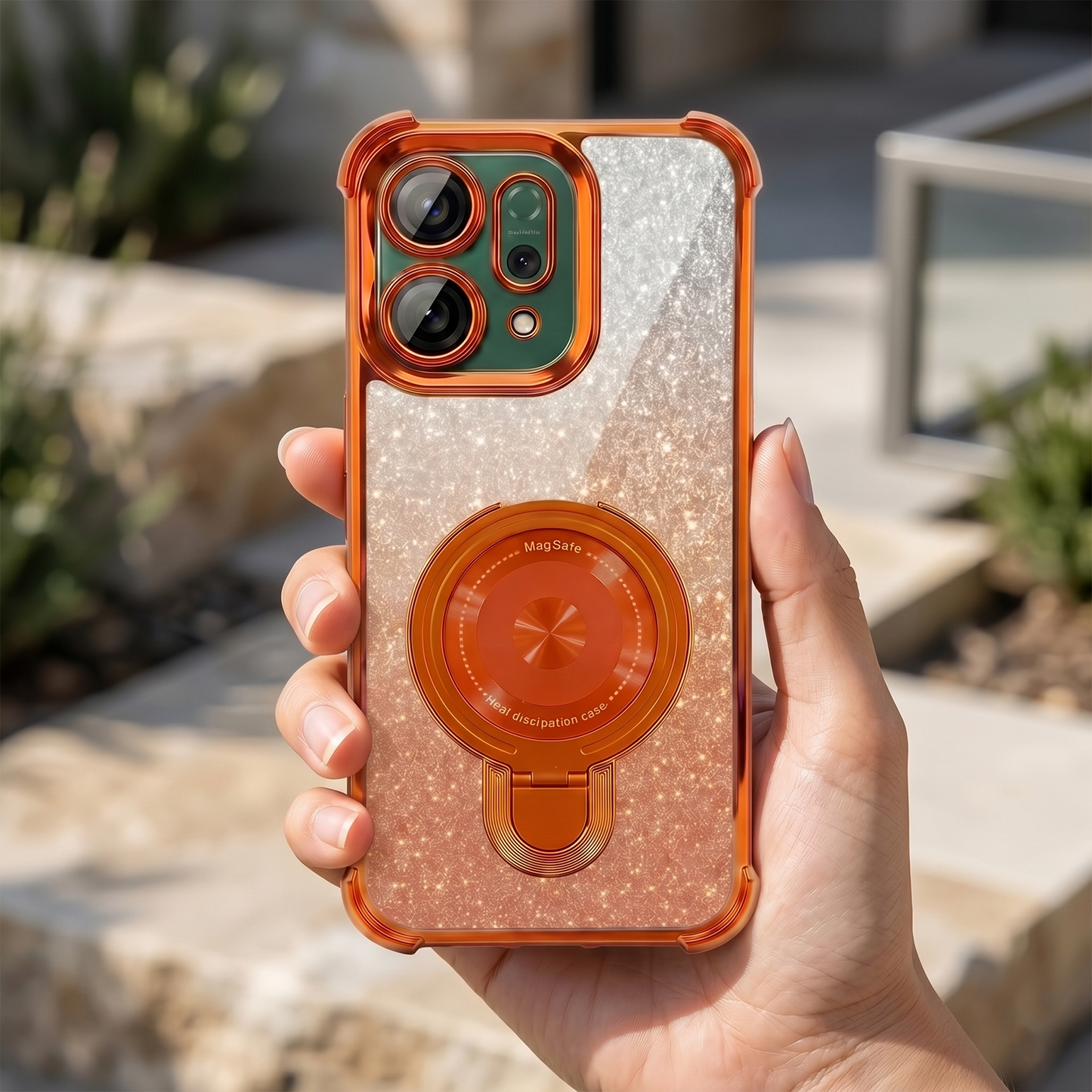 Oppo Reno 14 5G Invincible Bracket Ring Stand Shimmer Airbag Cosmic Orange Case