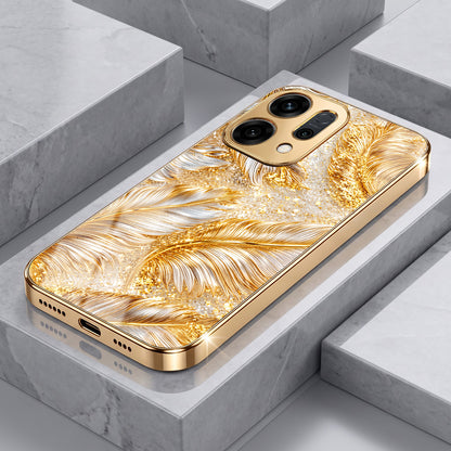Oppo Reno 14 5G Golden Feather Marble Gold Electroplated Glass Phone Back Case
