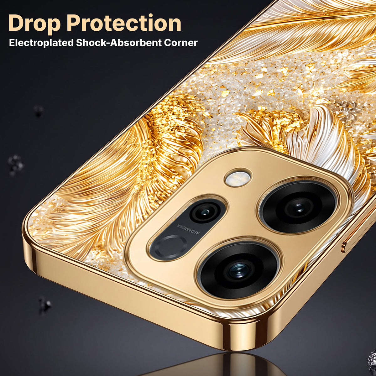 Oppo Reno 14 5G Golden Feather Marble Gold Electroplated Glass Phone Back Case