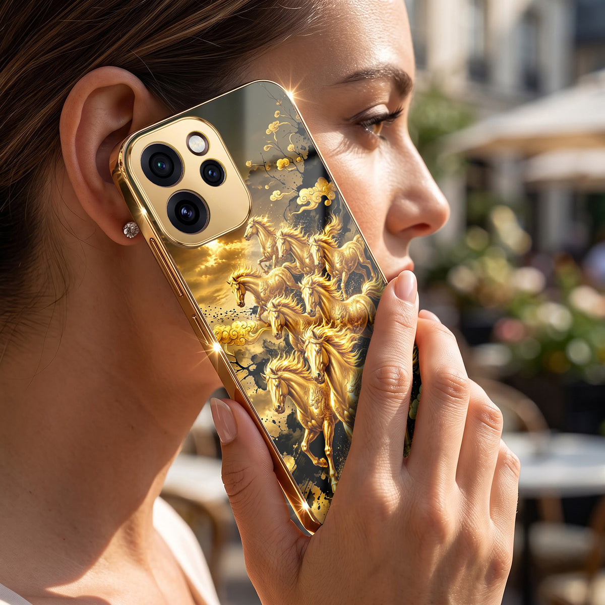 Oppo Reno 15 Pro Mini 5G Horses Royal Glory Gold Electroplated Glass Phone Back Case