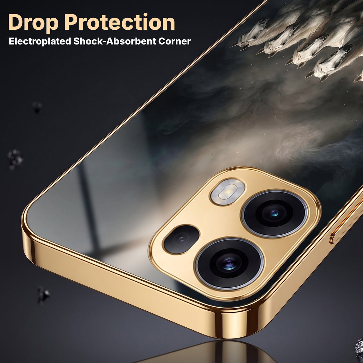 Oppo Reno 13 Pro 5G Running Horses Gold Electroplated Glass Phone Back Case