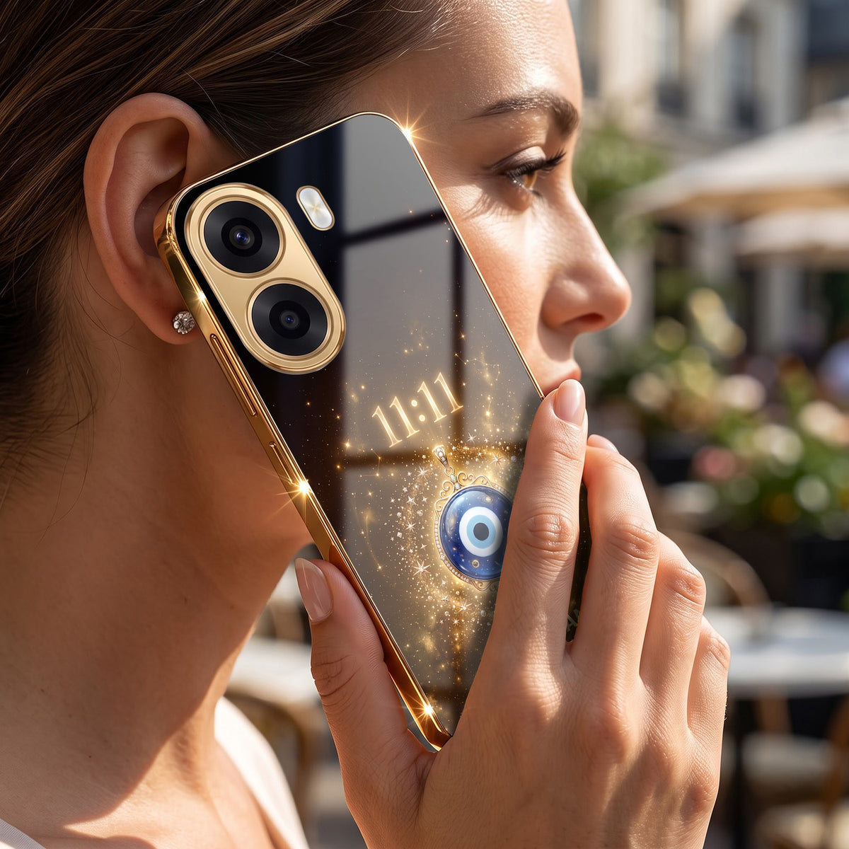 Oppo K14x 5G God’s Plan Evil Eye Gold Electroplated Glass Phone Back Case