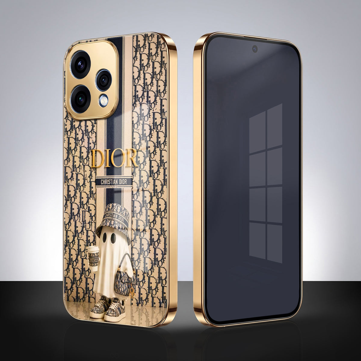 Oppo Reno 15 5G Luxury Dior Gold Electroplated Glass Phone Back Case