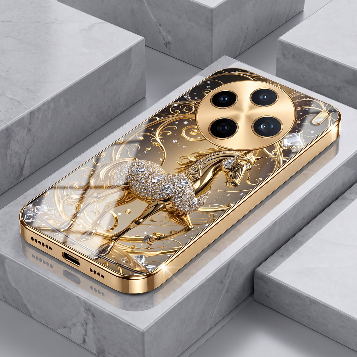 Vivo X200T 5G Luxury Horse Texture Gold Electroplated Glass Phone Back Case