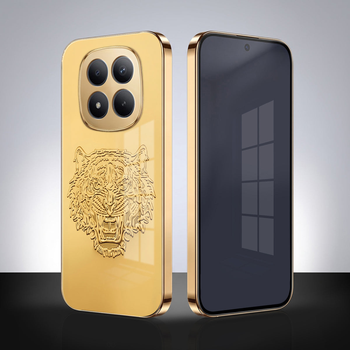 Redmi Note 15 Pro+ 5G Golden Tiger Face Gold Electroplated Glass Phone Back Case