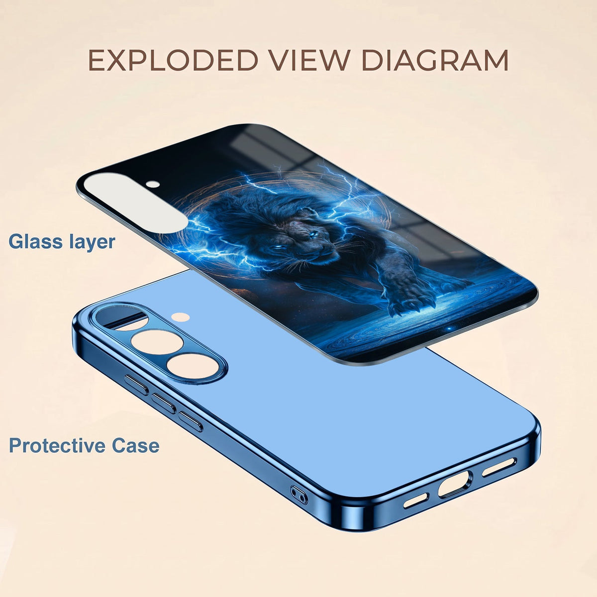 Samsung Galaxy A56 5G Thunder Titan Lion Blue Electroplated Glass Phone Back Case