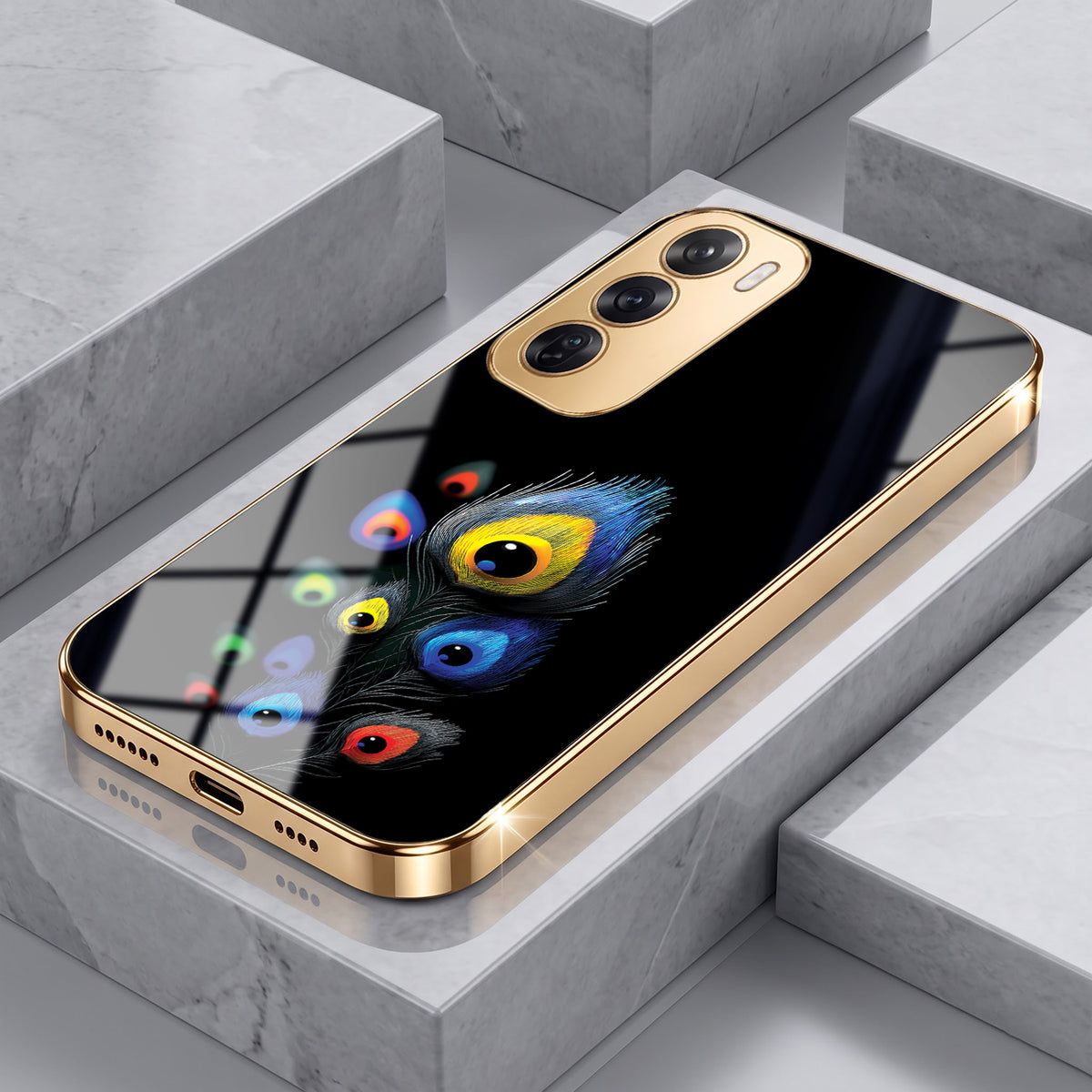 Oppo Reno 12 Pro 5G Multi-Feather Peacock Gold Electroplated Glass Phone Back Case