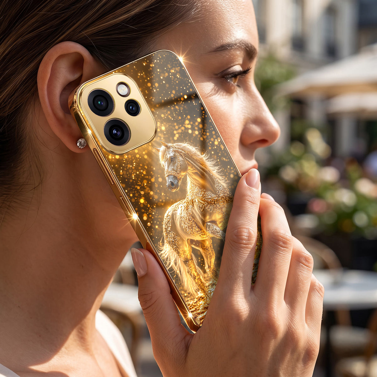 Oppo Reno 15 Pro Mini 5G Golden Horse Sparkle Gold Electroplated Glass Phone Back Case