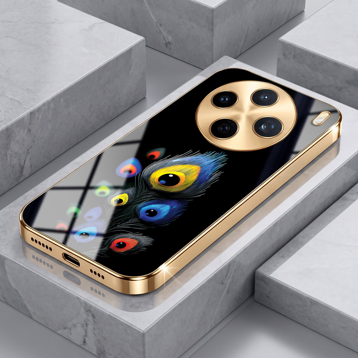 Vivo X200T 5G Multi-Feather Peacock Gold Electroplated Glass Phone Back Case