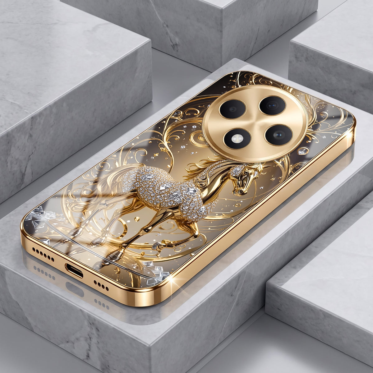 Oppo F27 Pro+ 5G Luxury Horse Texture Gold Electroplated Glass Phone Back Case