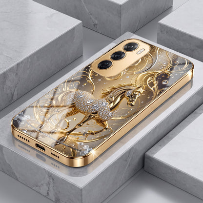 Oppo Reno 12 Pro 5G Luxury Horse Texture Gold Electroplated Glass Phone Back Case