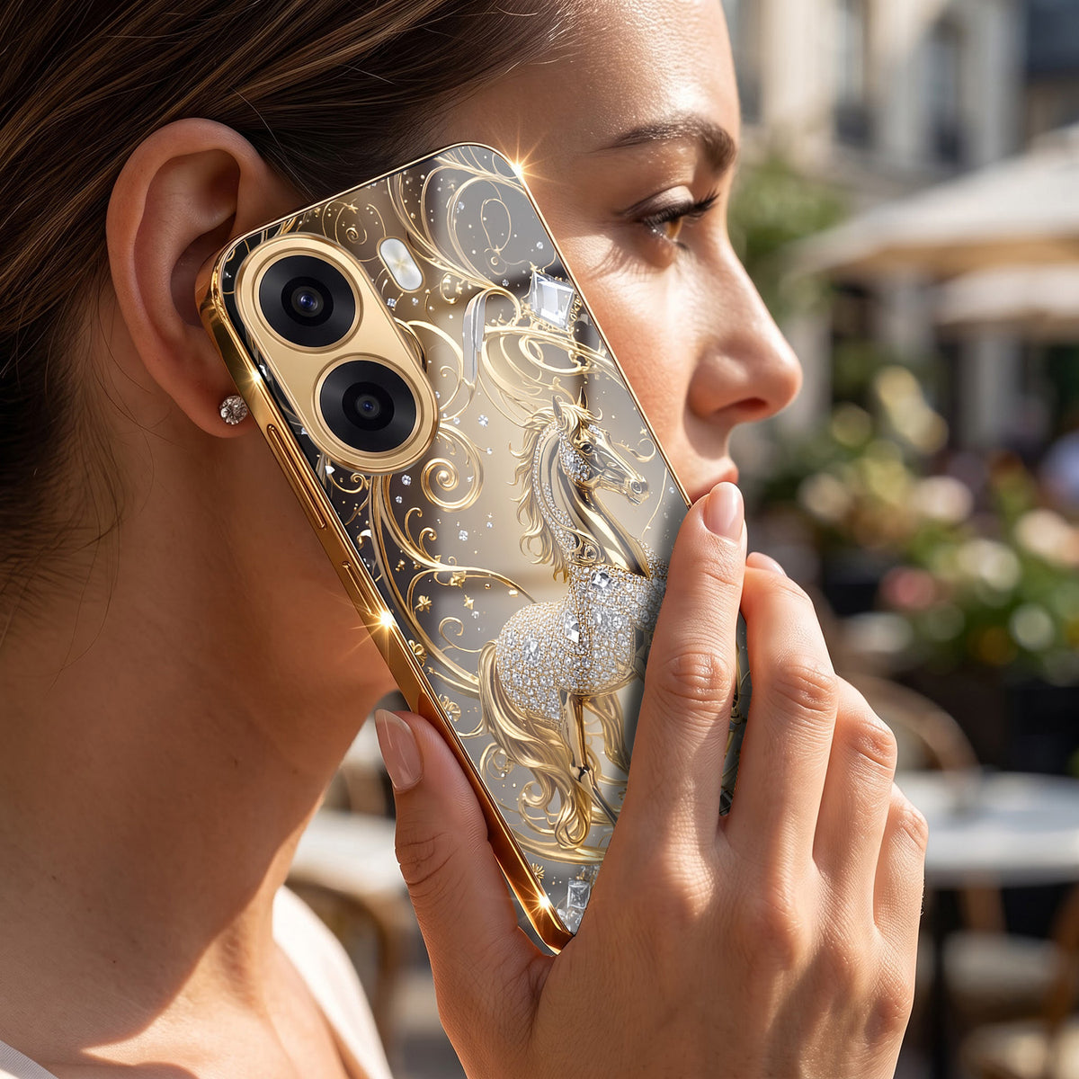 Oppo K14x 5G Luxury Horse Texture Gold Electroplated Glass Phone Back Case