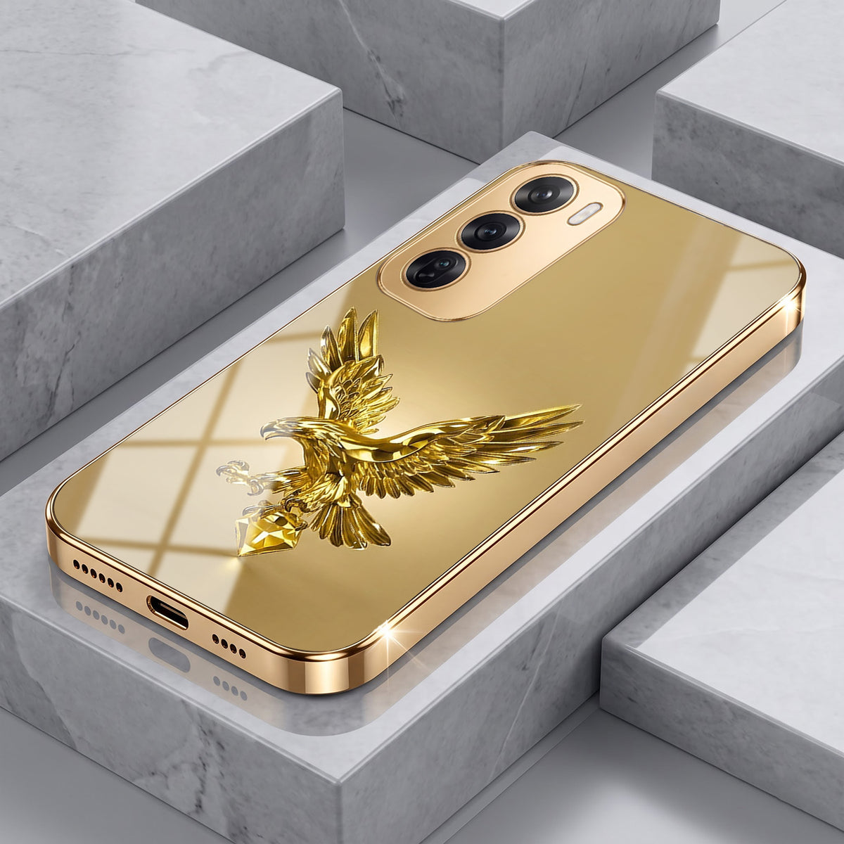 Oppo Reno 12 Pro 5G Golden Eagle Gold Electroplated Glass Phone Back Case