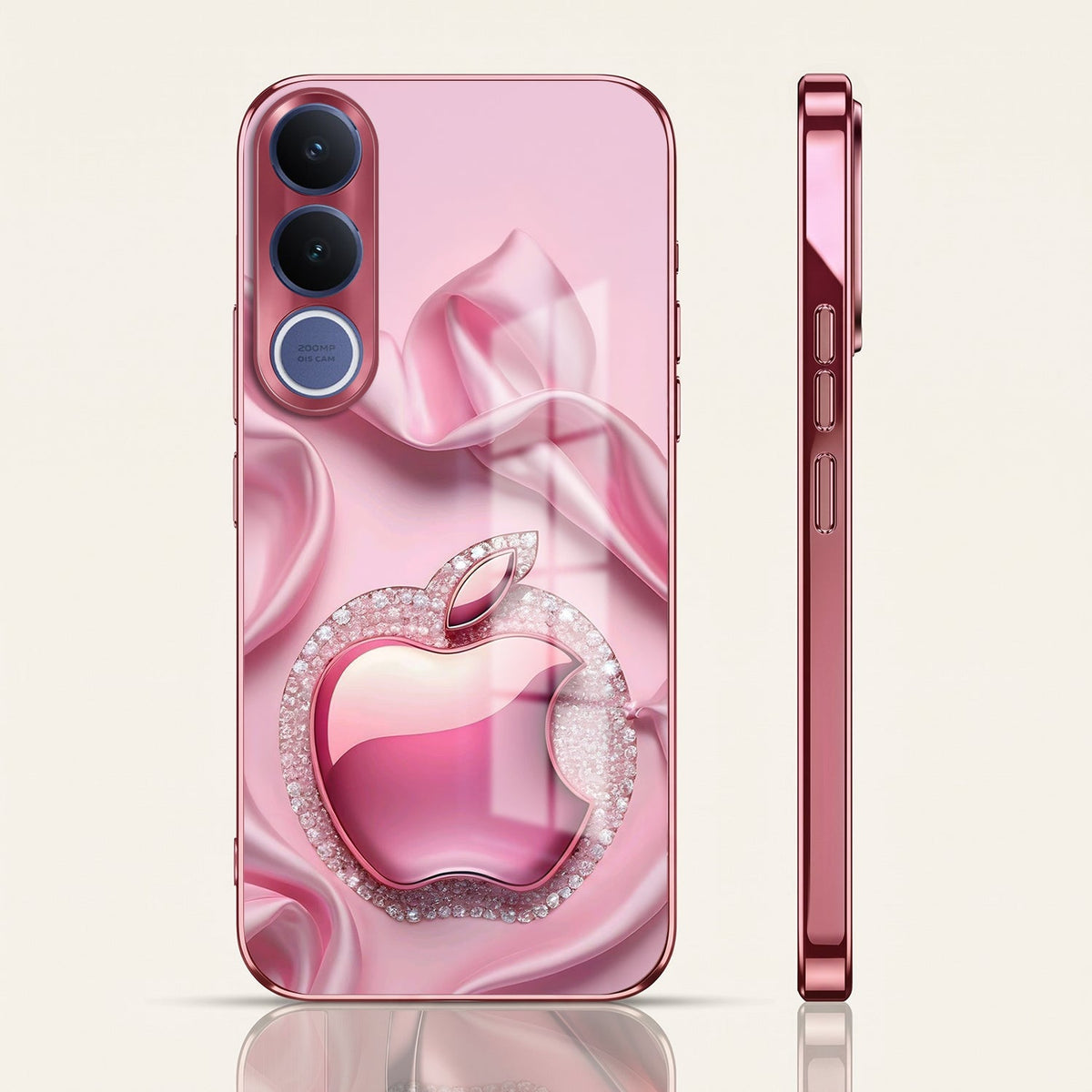 Vivo V70 FE 5G Luxury Apple Logo Pink Electroplated Glass Phone Back Case